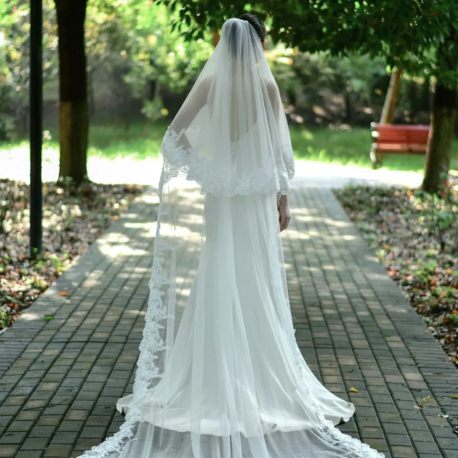 Hair Jewelry v105 Long Cathedral Veil Lace Edge Appliques Bridal Veils with Blusher 2 Tiers Wedding Dress Accessories_voghion.com