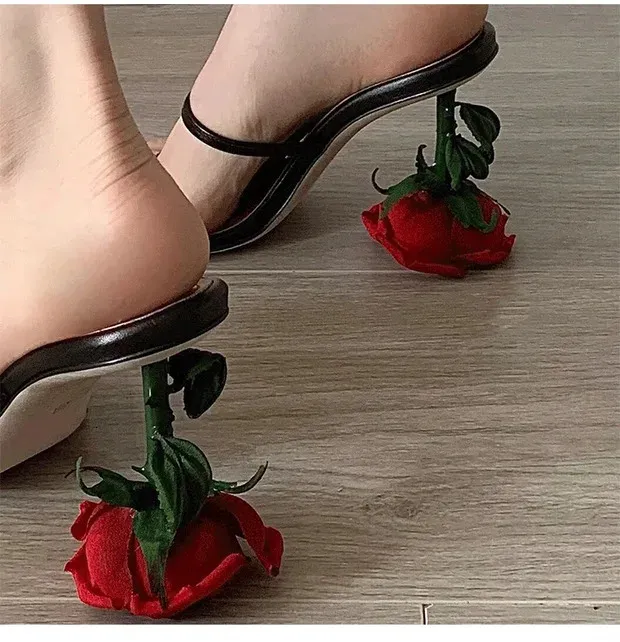 Chic Point Fashion Rose Heels Women Sandals Round Toe Slip on Pumps Summer Slippers Party Shoes 240615_voghion.com