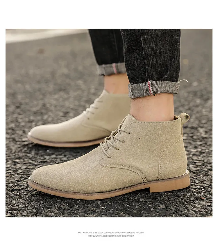 Chaussures en cuir suédé kaki de Style britannique bottines en dentelle confortables hommes Botas Para Hombre 250425_voghion.com