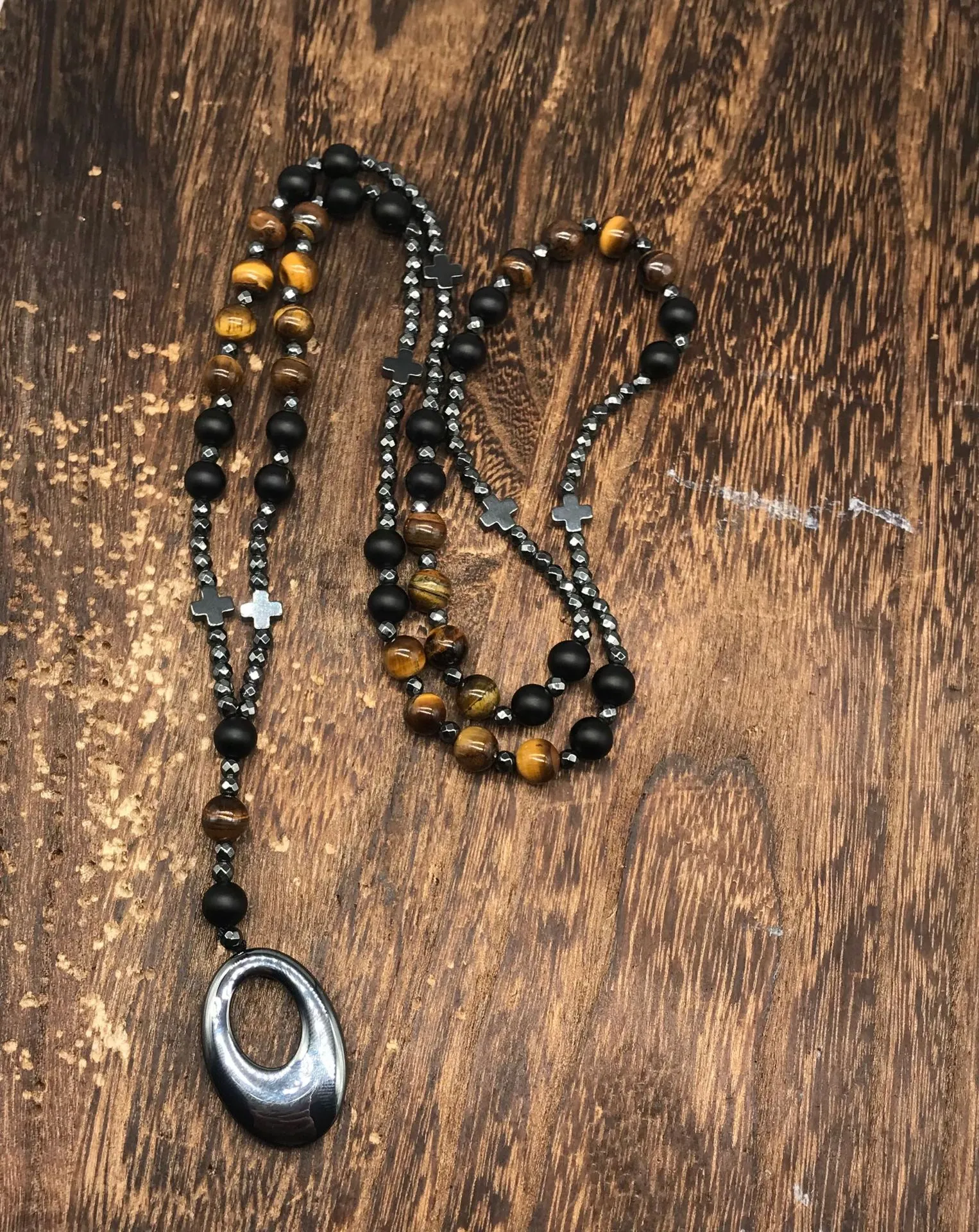 Colliers pendentifs en hématite pour hommes, croix, chapelet, collier de perles, crucifix, pour lui, père, bijoux religieux_voghion.com