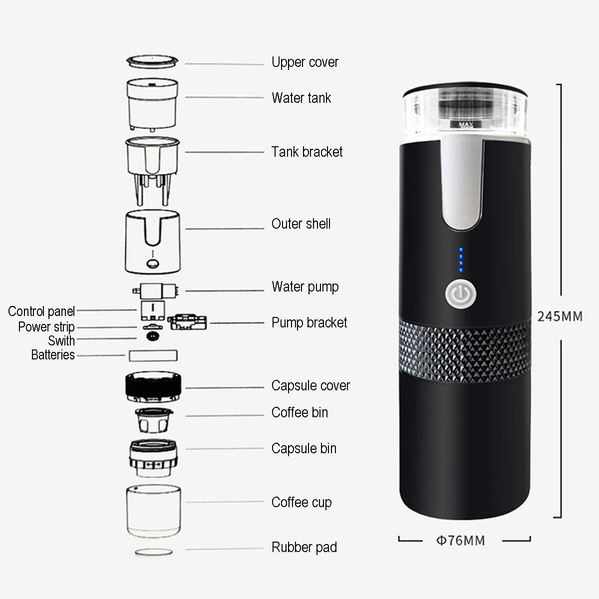 Tragbare kabellose elektrische Kaffeemaschine, eingebauter Akku, wiederaufladbar, für den Außenbereich, Reisen, Auto, Zuhause, vollautomatische Kaffeemaschine_voghion.com