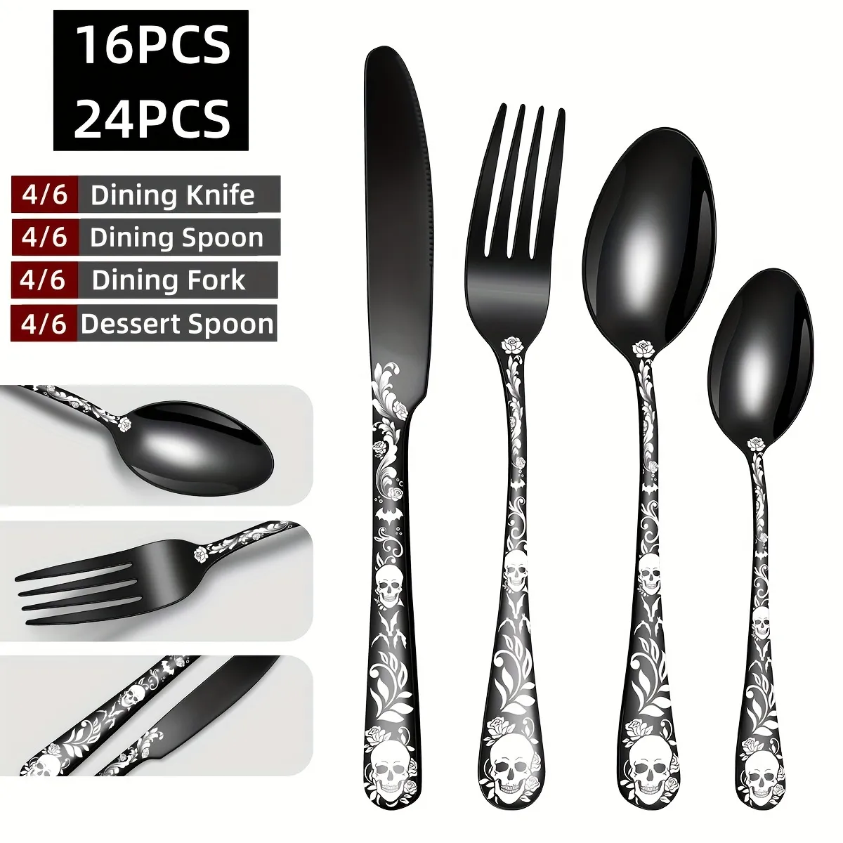 Gothic Besteckset - Skelett-Rosen-Design, 24-teilig_voghion.com