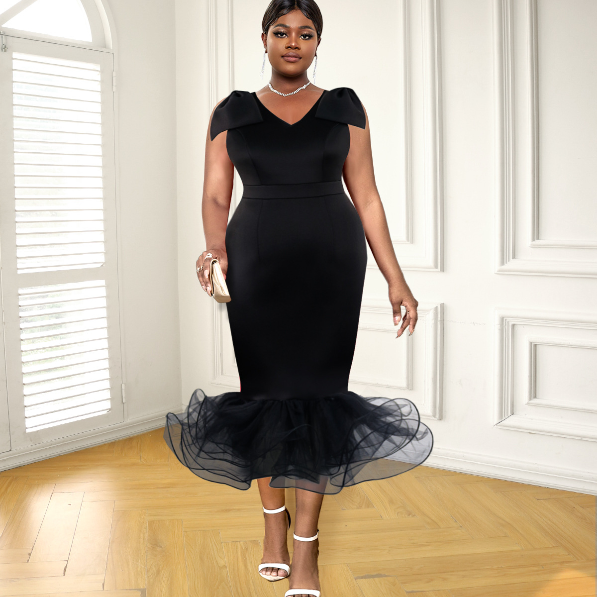 Women's V-neck sleeveless bow dress designer mesh dress dress_voghion.com