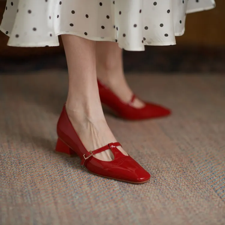 Shoes Spring/Autumn Patent Leather Solid Color T-shaped Buckle Pumps Square Toe Chunky Heel Versatile Mary Jane For_voghion.com