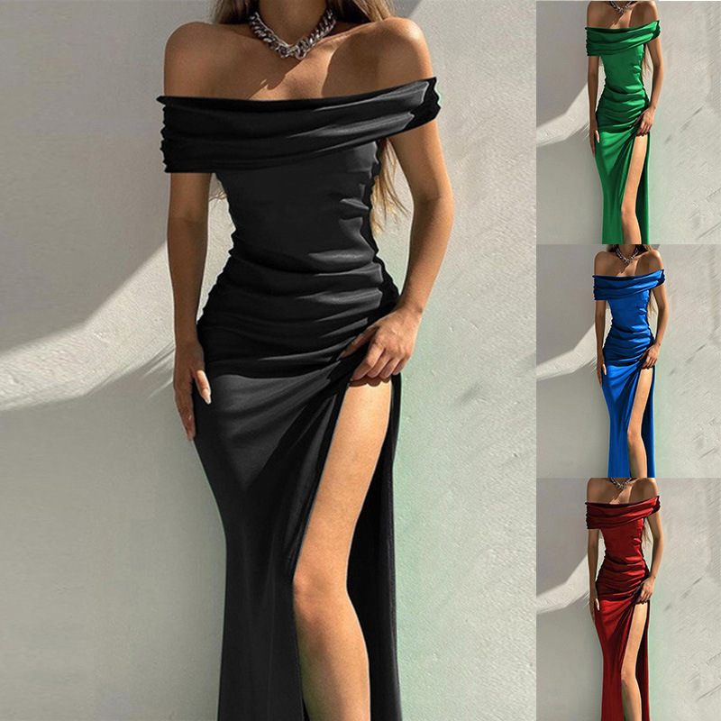 Nuovo stile, tinta unita, maniche corte, lunghezza media, abito scollo dritto, abito da sera sexy_voghion.com