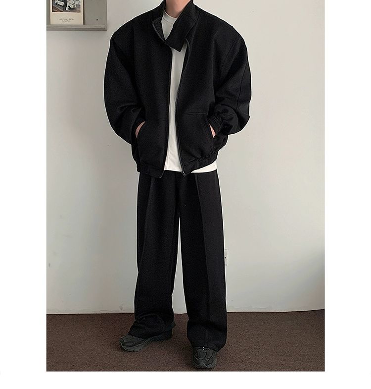 Vêtements pour hommes, col montant ample, épaulettes, cardigan, sweat-shirt, veste, costume de sport décontracté pour hommes, pantalon de survêtement ample, ensemble tendance deux pièces_voghion.com
