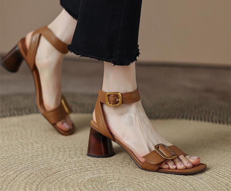 Metal High Heels Summer Square Toe for Women Vintage Buckle Lady Sandals Mid Heel Female Pumps_voghion.com