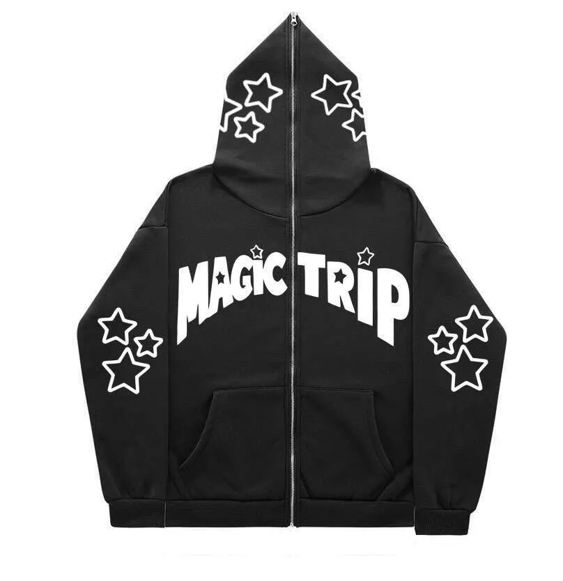 Felpa con cappuccio a forma di stella con lettera a faccia intera, cerniera nella parte superiore, giacca alla moda, abbigliamento maschile personalizzato_voghion.com