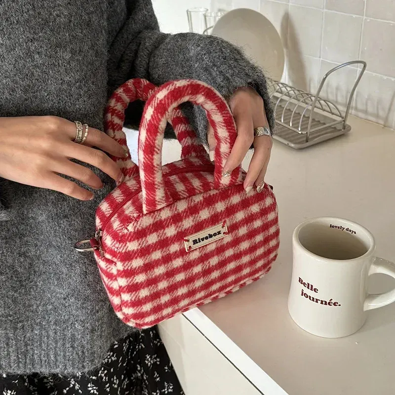 Xiuya Vintage Süße Handtasche für Damen Rot Kariert Buchstaben Weiche Kawaii Crossbody Herbst Winter Schultertasche 240816_voghion.com
