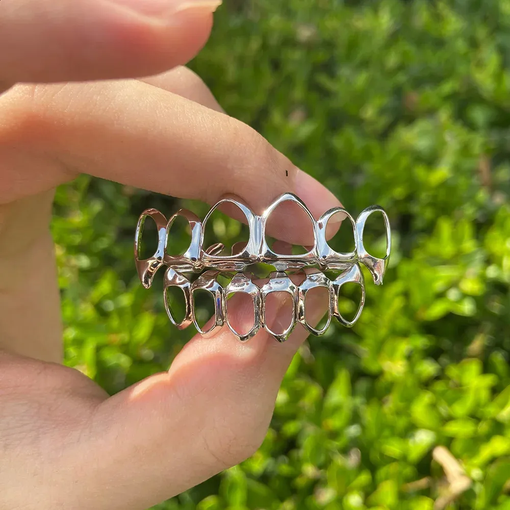 RACHELZ Fashion 6/6 Denti completamente cavi 14K placcati oro Dentiere Decor Bretelle Zanne Griglie dentali per uomo Donna Gioielli_voghion.com