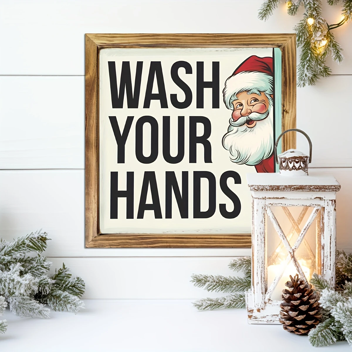 8x8" Vintage Weihnachtsmann "Wasch deine Hände" Holzschild - Rustikale Wandkunst für Küche, Bad & Büro | Einzigartiges Weihnachtsgeschenk_voghion.com