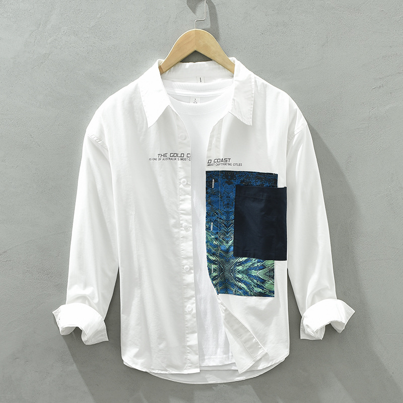 3301 Chemise décontractée à manches longues en patchwork imprimé personnalisé pour hommes, chemise ample artistique rétro pour jeunes pour le remplacement des cheveux