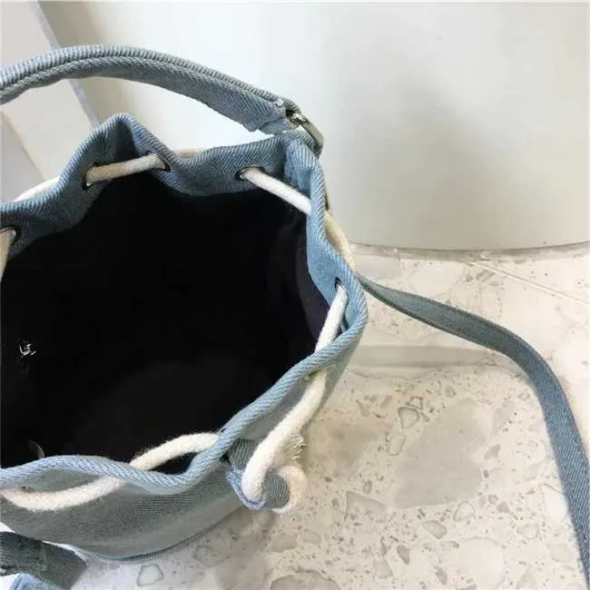 Women Fashion Denim Bucket Solid String Handbags Casual Mini Crossbody Bags Female All-matched Messenger PackC241212_voghion.com