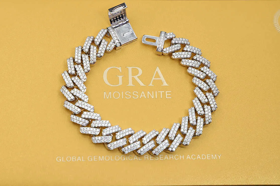 Bracciale in oro 13 mm di larghezza con diamanti moissanite ghiacciati, 2 file di catena cubana K, gioielli in argento Sterling_voghion.com