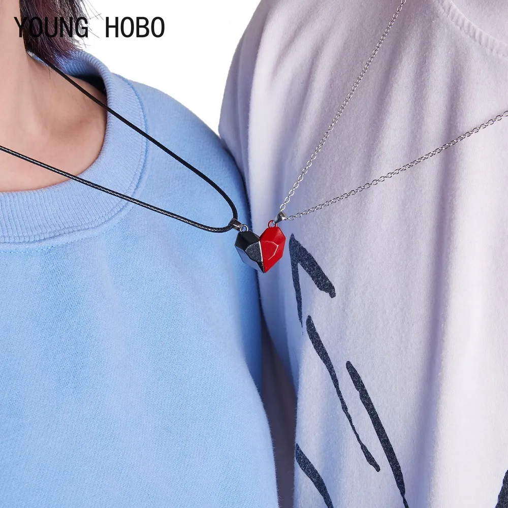 Colliers pendentifs HOBO 2Pcs/Lot Collier couple magnétique Amitié Coeur Distance Charme à facettes Femmes Saint Valentin_voghion.com