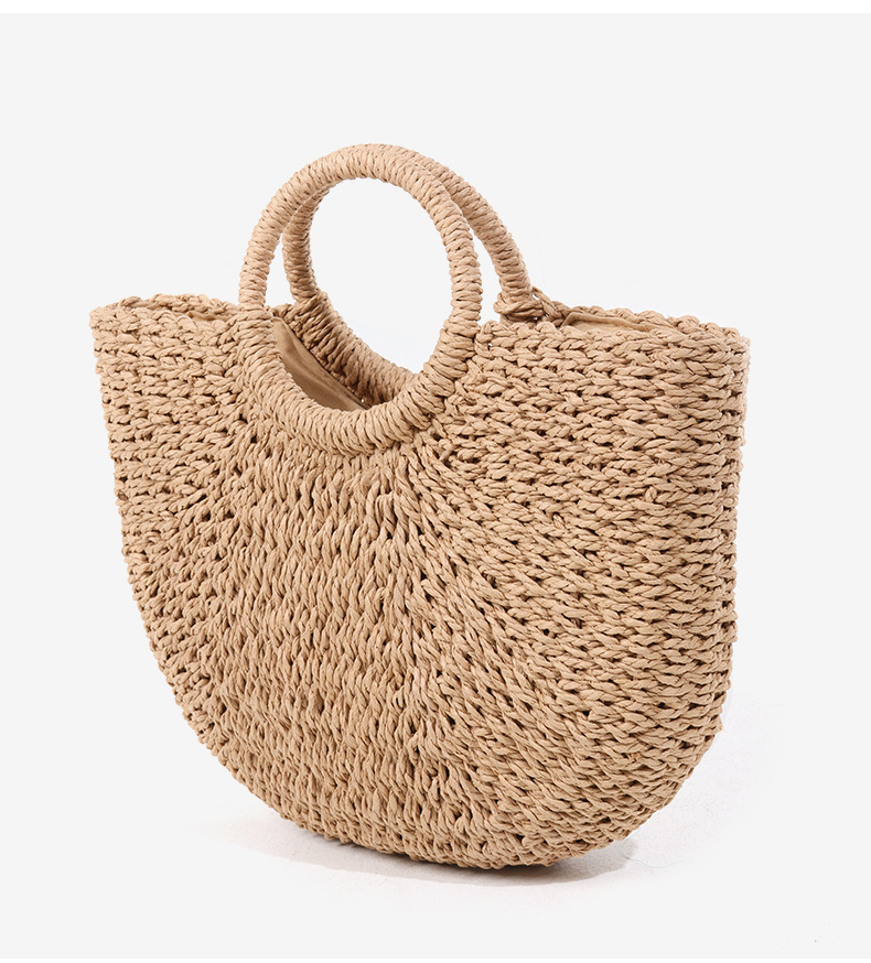 Einfache und vielseitige handgehaltene halbrunde Strohtasche, neue gewebte Tasche mit großem Fassungsvermögen, Strandtasche im Urlaubsstil, handgehaltener Gemüsekorb_voghion.com