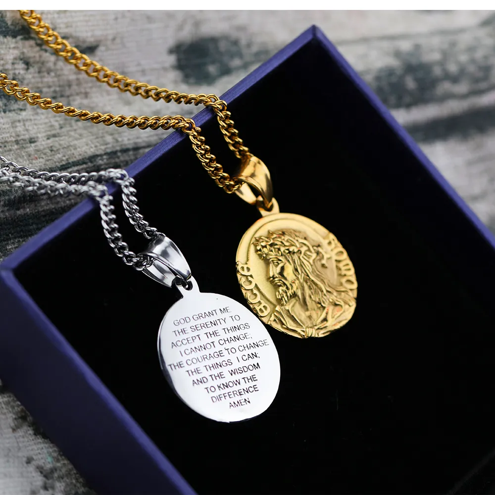 Collana con ciondolo con motivo Gesù inciso in acciaio inossidabile 316, gioielli religiosi da uomo e da donna_voghion.com