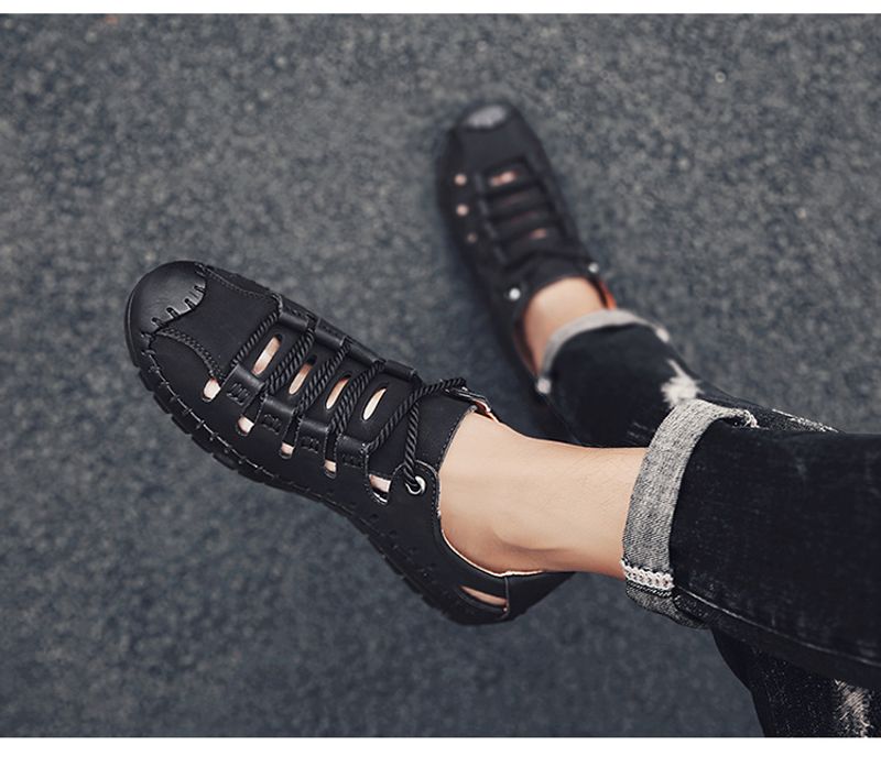 Sommer nye herresandaler, udendørs strand håndlavede hule åndbare fritidssko med hul, snørebånd indpakkede lædersko_voghion.com