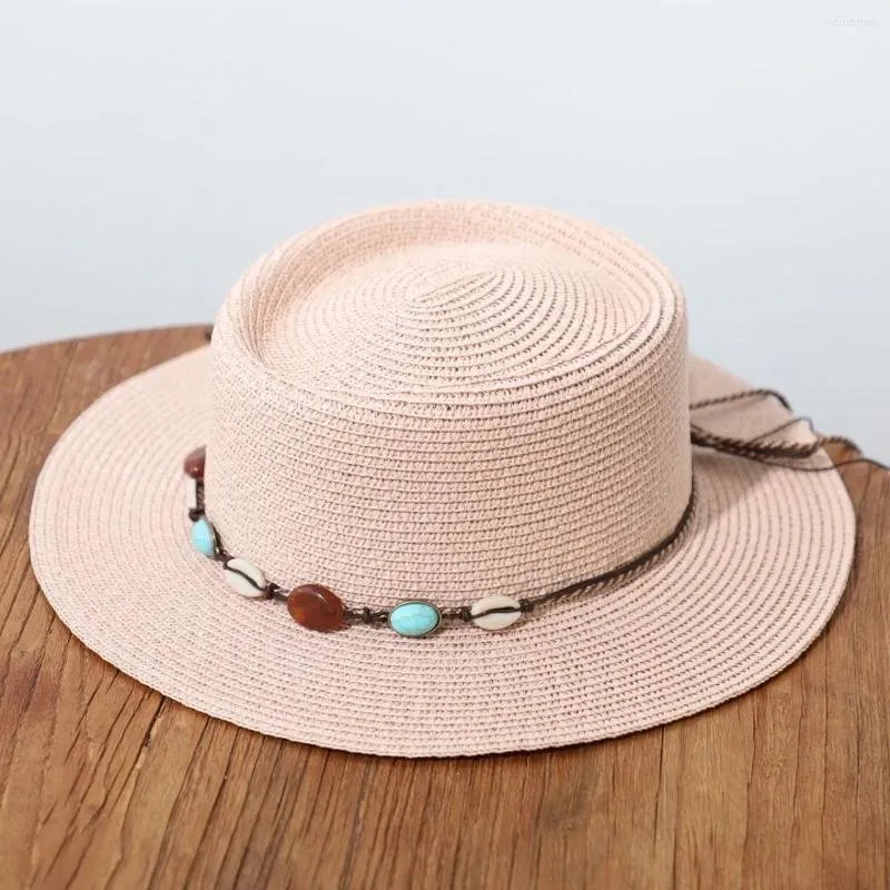 Berets Bohemia Style Summer Flat Top Sun Hat Women Big Head Beach Cap Holiday Sunshade Sunscreen Straw_voghion.com