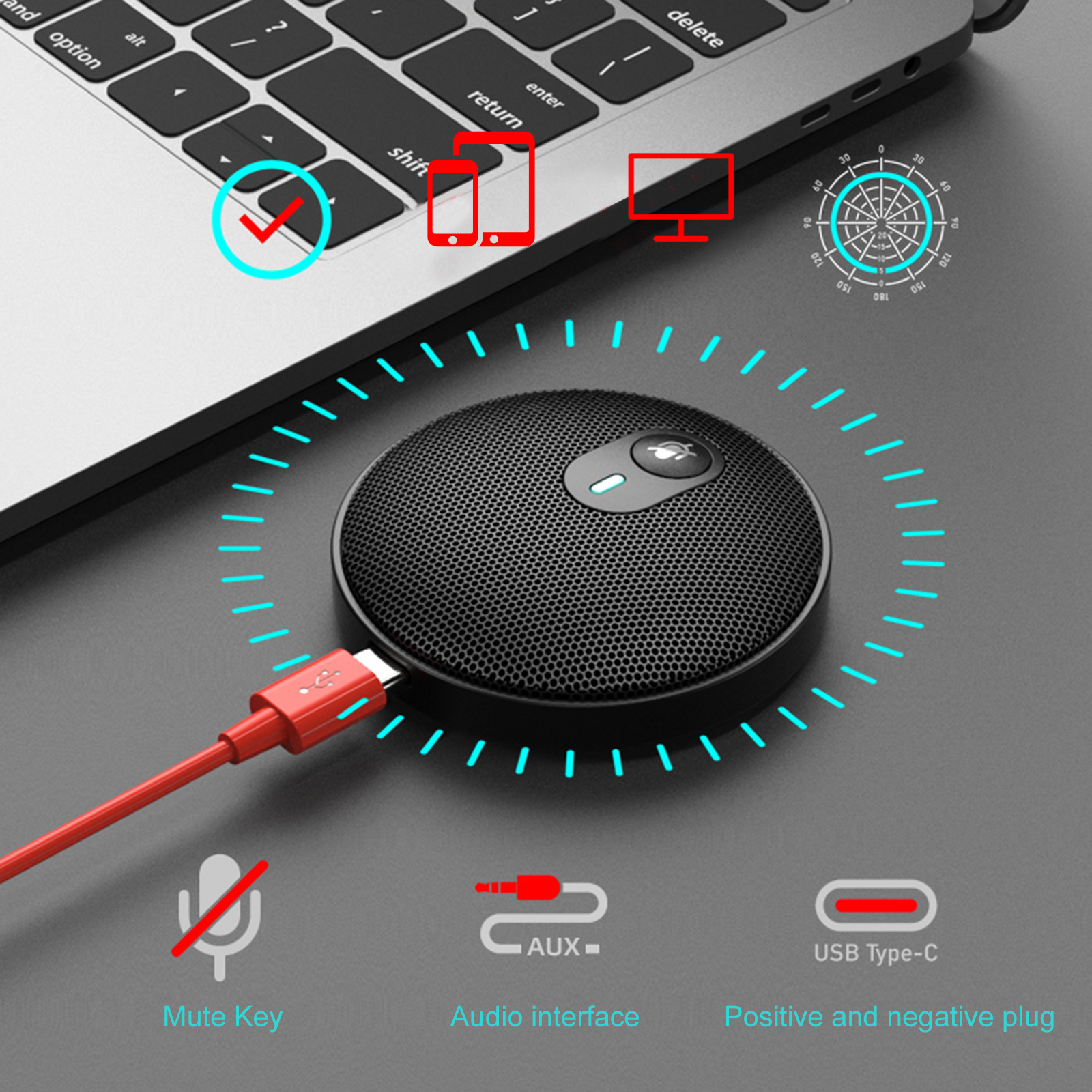 U3 USB Omni-directional Condenser Mic for Meeting Business Conference Live Broadcast Sound Pick-up With AUX 3.5MM Type-C Cable_voghion.com