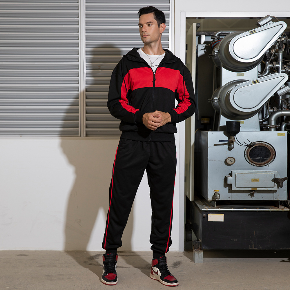 Lässiges zweiteiliges Set für Herren mit Farbkontrast, Strickjacke und Kapuze, Trainingsanzug in Übergröße_voghion.com