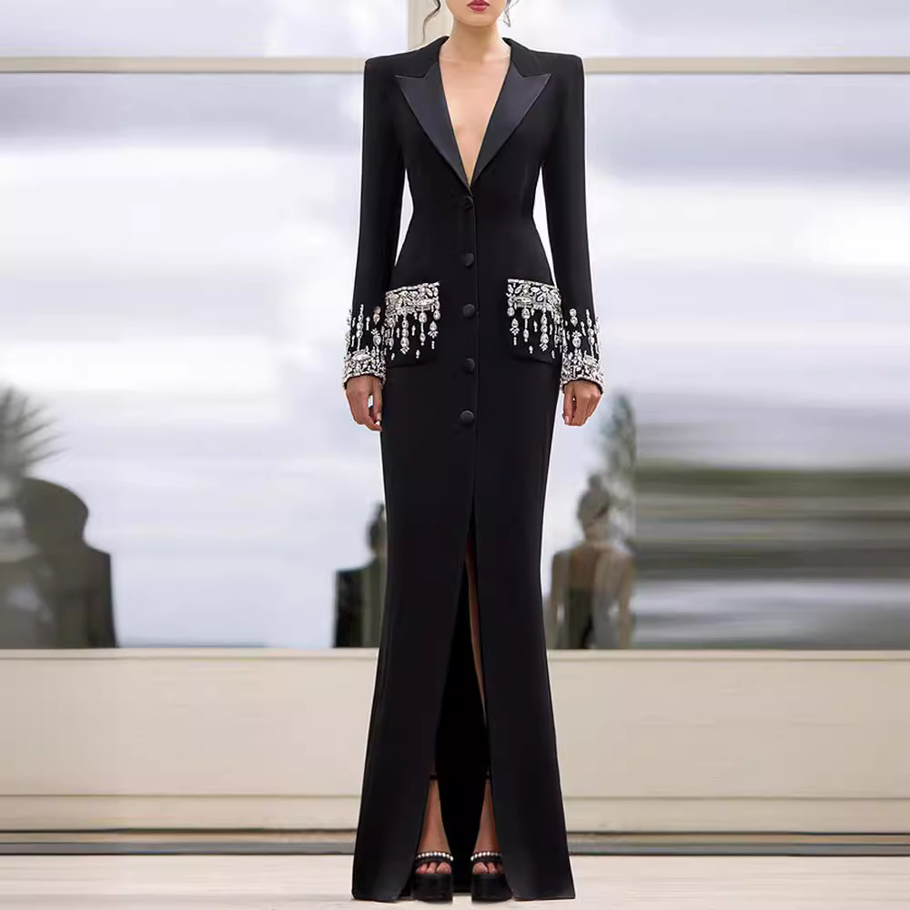 Women’s Clothing star fashion heavy beaded diamond suit collar dress dress fishtail long skirt