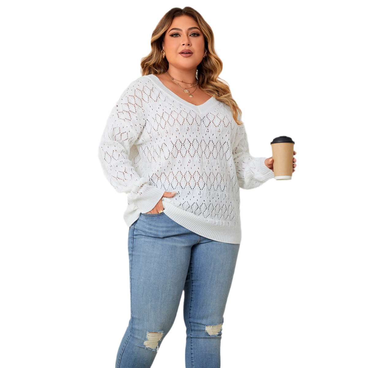 Pull col rond femme pull légèrement gras grande taille haut col en V creux femme_voghion.com