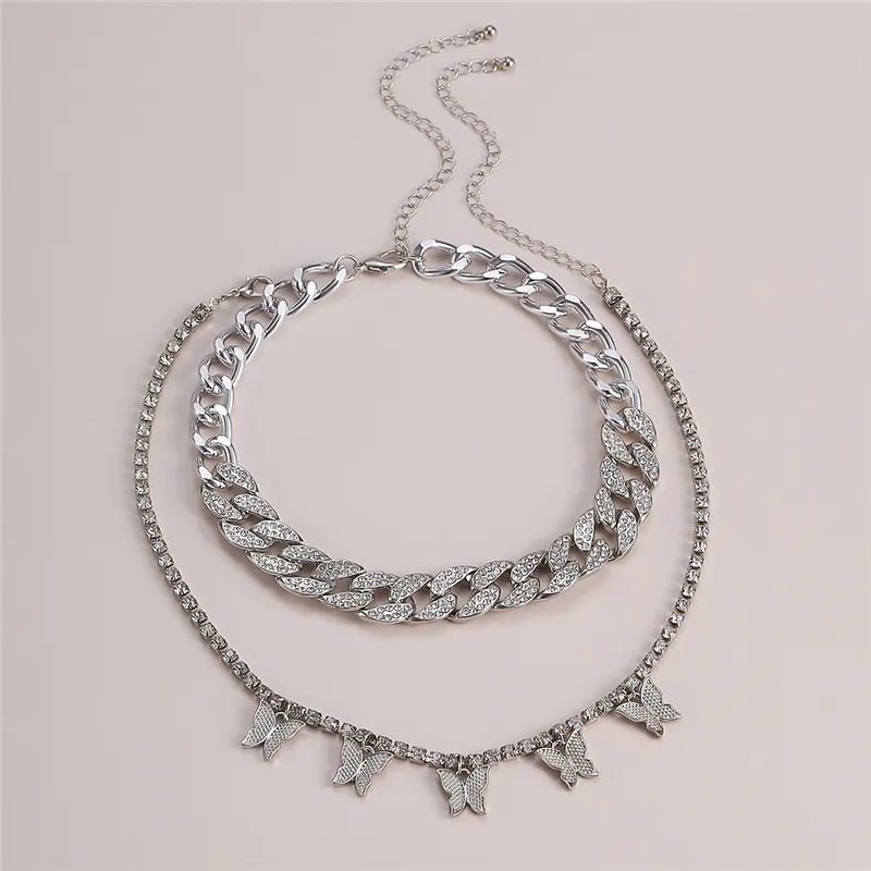 Butterfly Pendant Cuban Link Layered Necklace For Women Bling_voghion.com