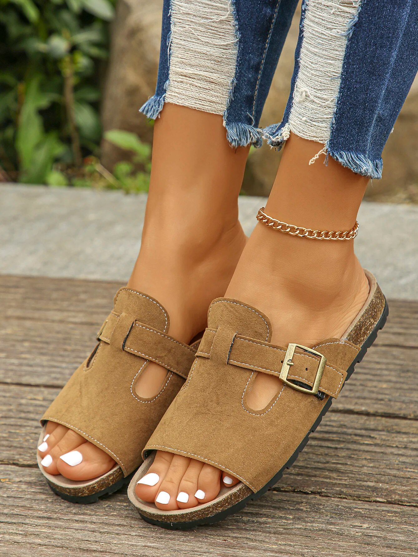 Damen Sandalen mit dickem Fußbett, klassisch, für den Strand, flach, für den Sommer, lässig, rutschfest, mit Fußgewölbeunterstützung_voghion.com