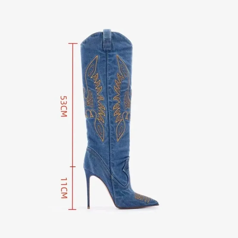 Embroidered Car ing 11cm High Heeled Pointed Western Cowboy Women Denim Fashionable Spicy Girl Sexy Knight Boots 46_voghion.com