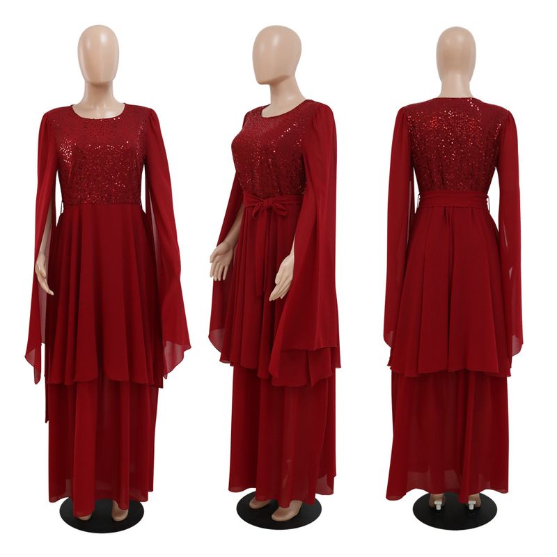 Women's Clothing autumn new Arabic sequin evening dress muslim with belt_voghion.com