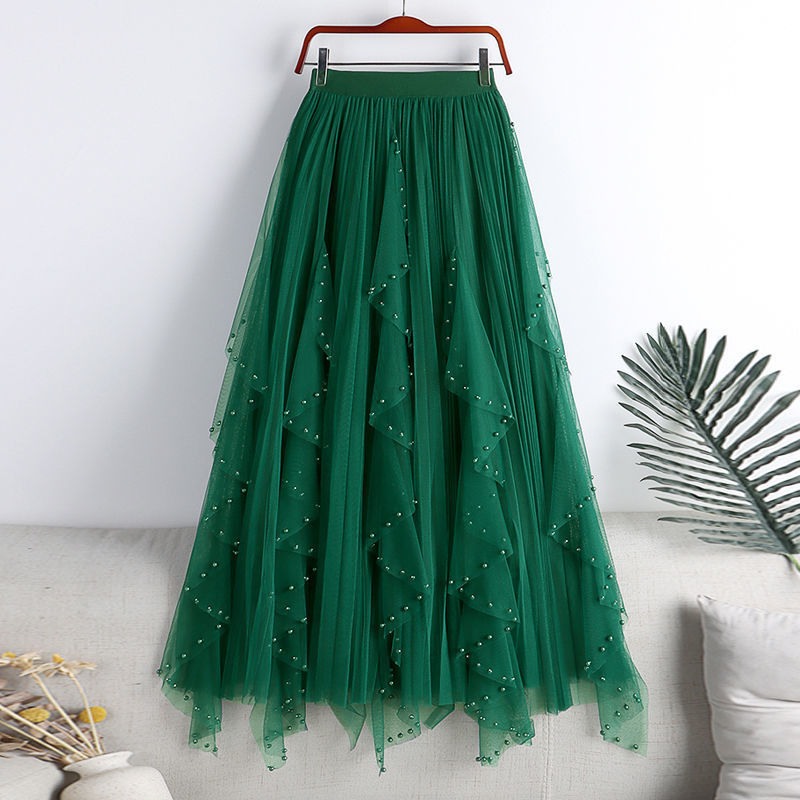Women's Clothing Irregular flanged beaded mesh mesh skirt mid-length skirt
