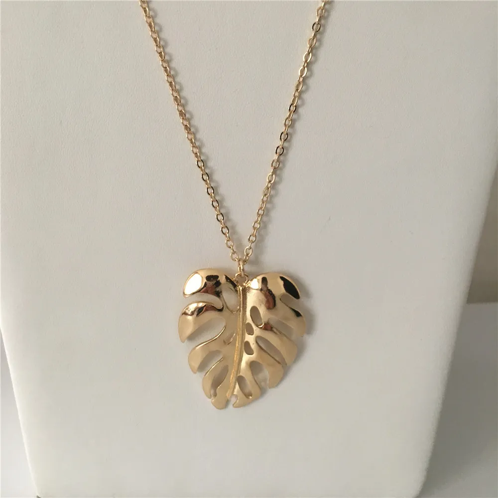 Colliers pendentifs tendance couleur or simple grande feuille Monstera collier long pour femmes vêtements décontractés indant Sidn22_voghion.com