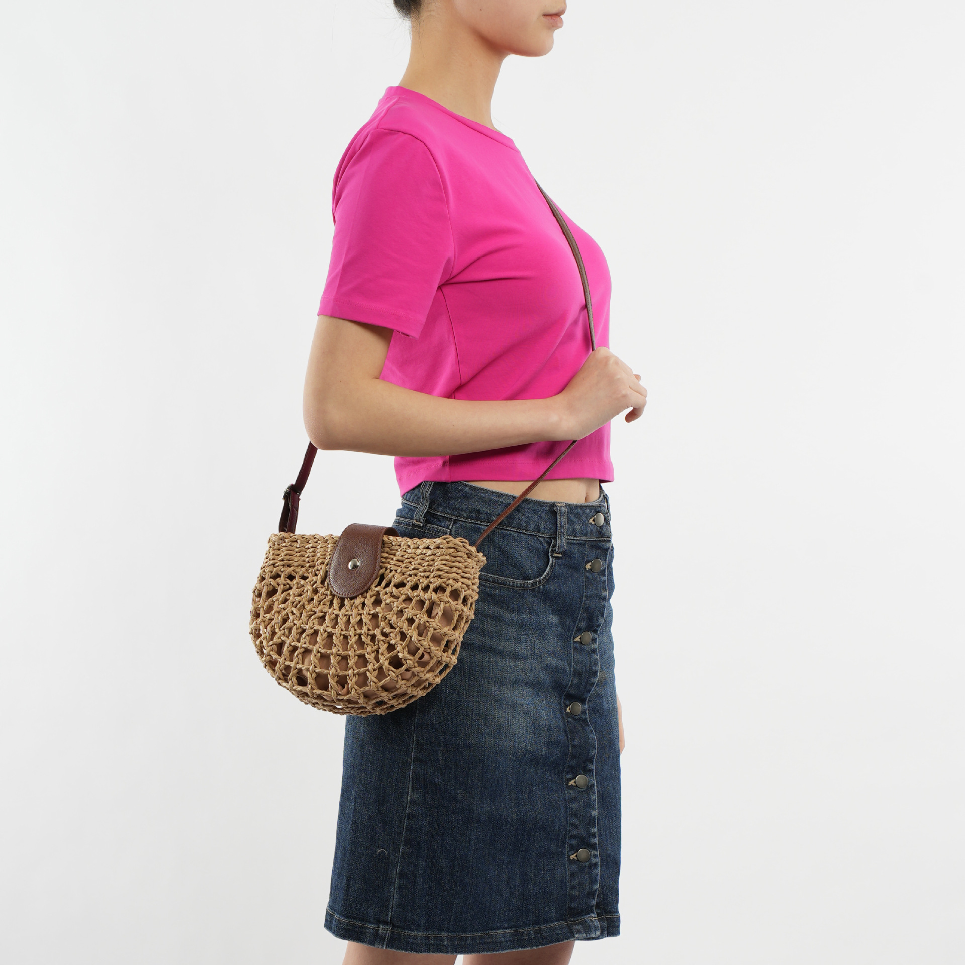 Halbrunde hohle Strohtasche Strand handgewebte Tasche Urlaub Damentasche Umhängetasche_voghion.com