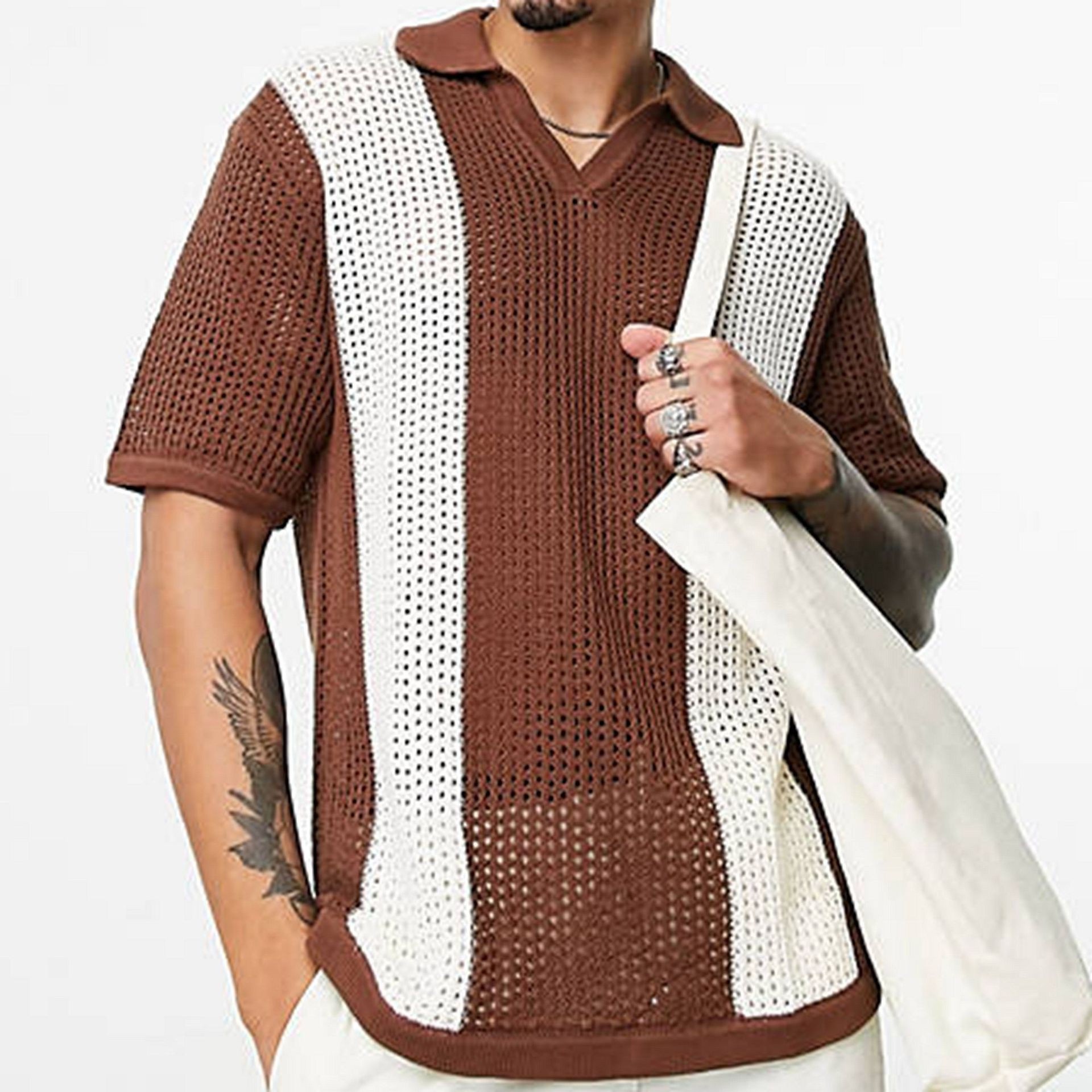 Men’s Knitted Polo Shirt – Summer Thin Hollow Design Casual Pullover With Color Block​