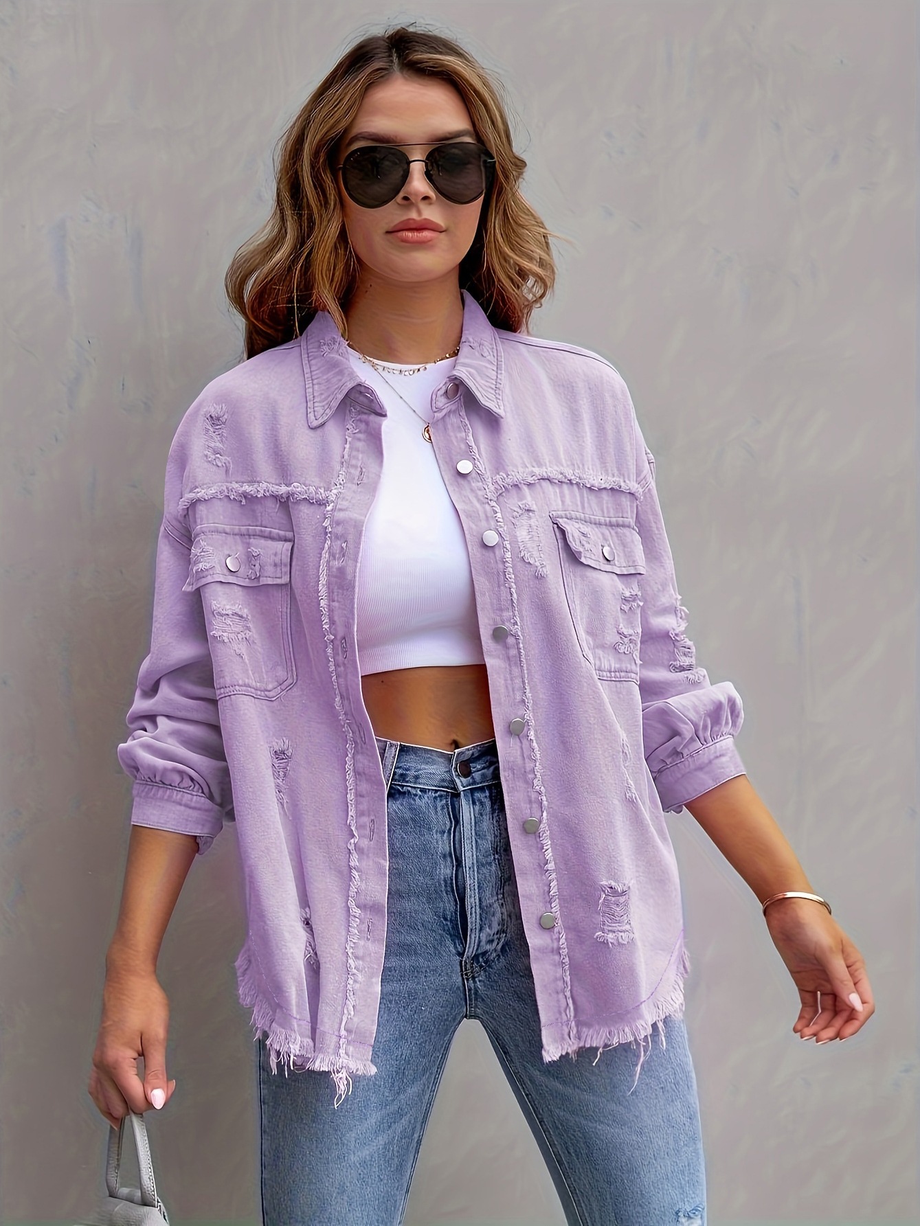 Jednobarevná džínová bunda s dlouhým rukávem a roztrhaným vzorem v evropském a americkém stylu pro ženy_voghion.com