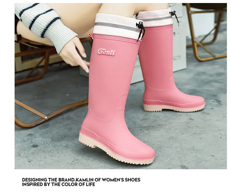 2025 Damen Lange Dicke Sohle Mode Gummistiefel Neue Waterproonti Slip High Tube Regenschuhe Reine Farbe Ruiba X560_voghion.com