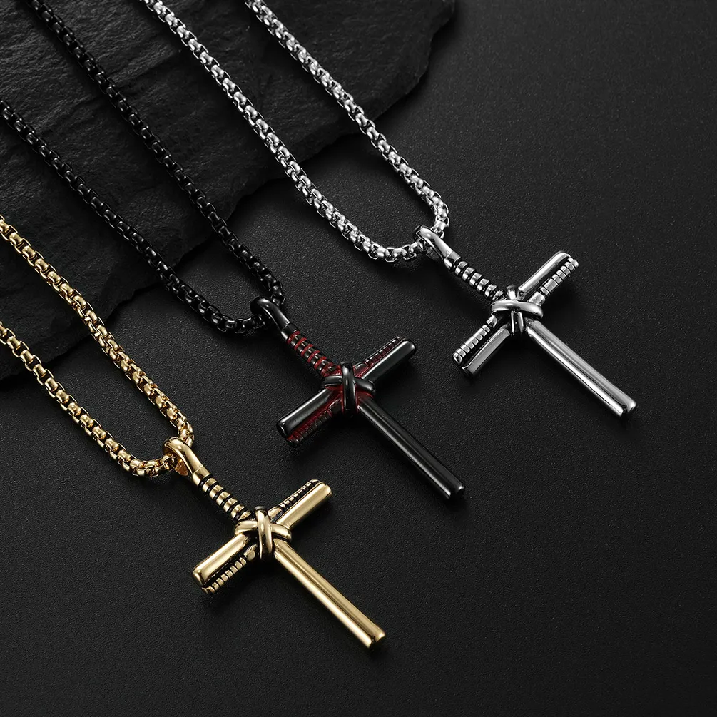 Ketten Herren Kreuz Halskette Edelstahl Baseballschläger Anhänger Box Kette Christen Männlich Religiöser Schmuck Geschenk_voghion.com