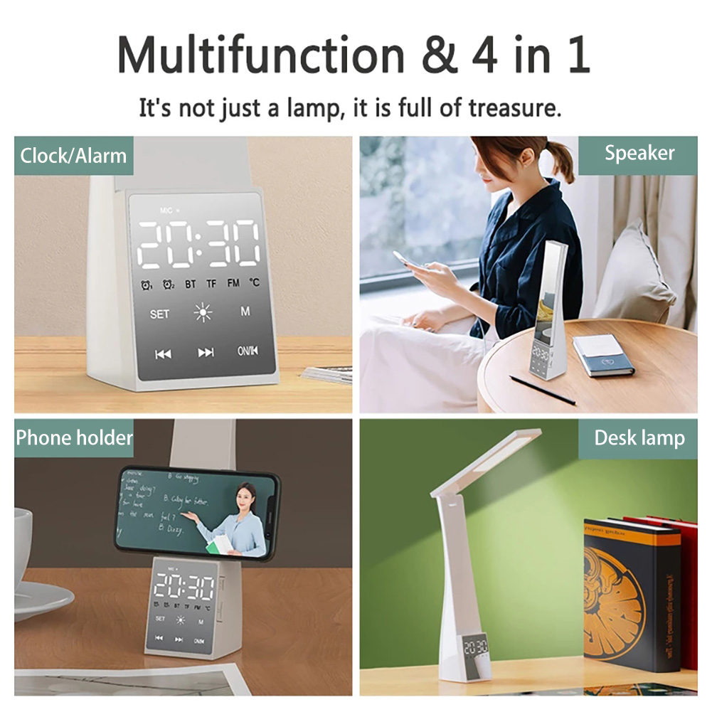 LED-Schreibtischlampe mit Wecker, 3 Farbtemperaturen, stufenloses Dimmen, USB-Lade-Nachtlicht, Augenschutz, Lesetischlampen_voghion.com