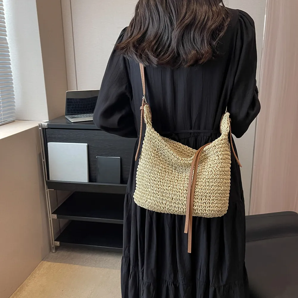 Bolsas de mão feitas à mão, de palha, com corda de papel, fashion, casual, simples, elegante, com alça ajustável, para praia, verão_voghion.com
