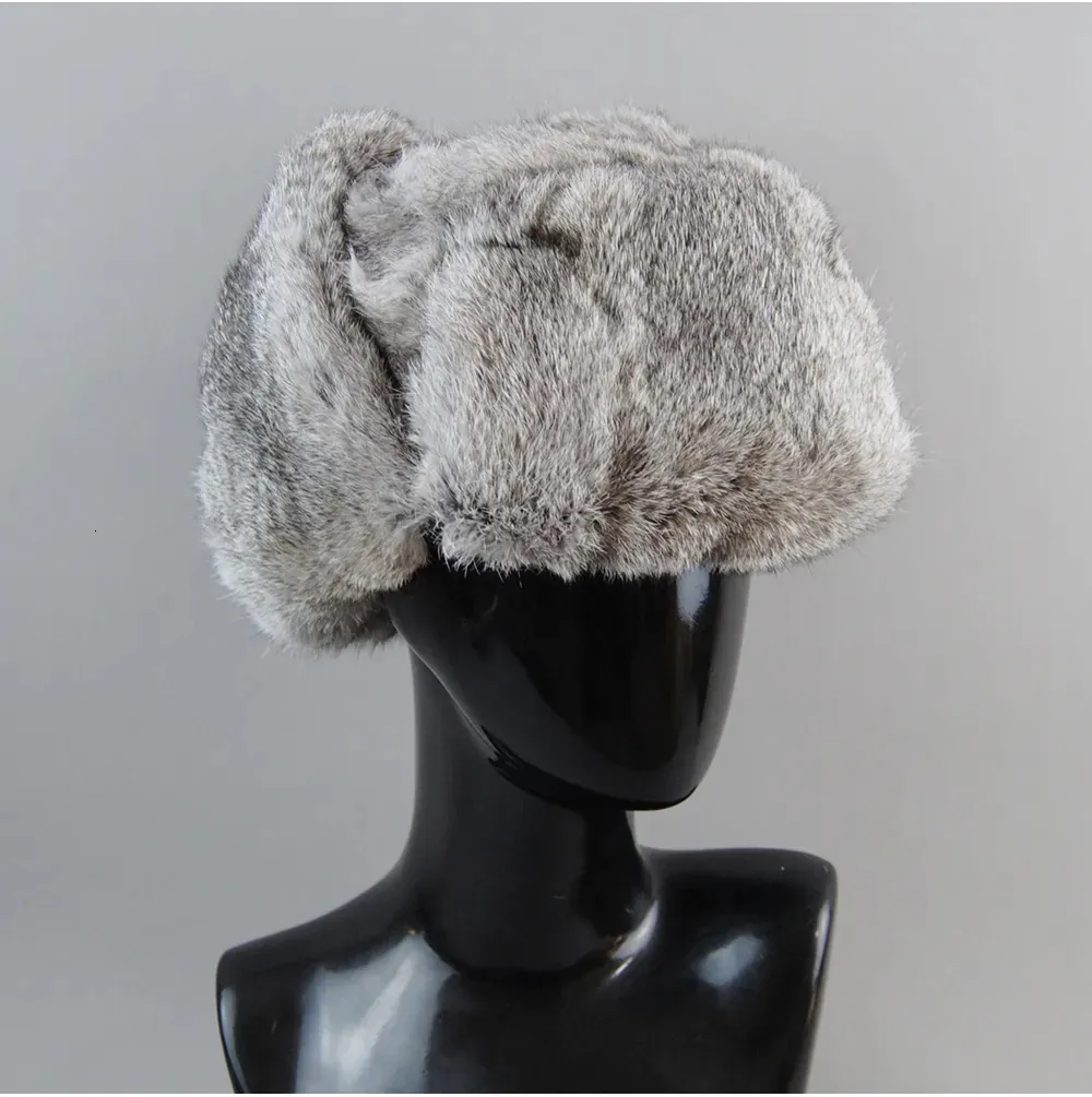 BeanieSkull Men's Caps Natural Bomber With Earflaps Winter Unisex Warm Russian Ushanka Hat Real Rabbit Fur Hats 231017_voghion.com