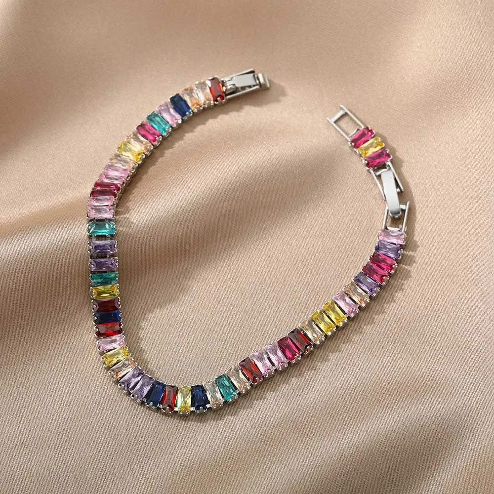 Adjustable Cubic Zirconia Bangle Bracelet Rainbow Fine Jewelry_voghion.com