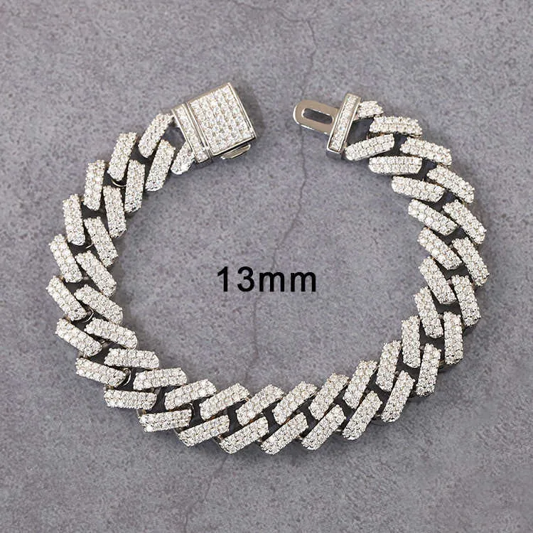 Bracciale in oro 13 mm di larghezza con diamanti moissanite ghiacciati, 2 file di catena cubana K, gioielli in argento Sterling_voghion.com