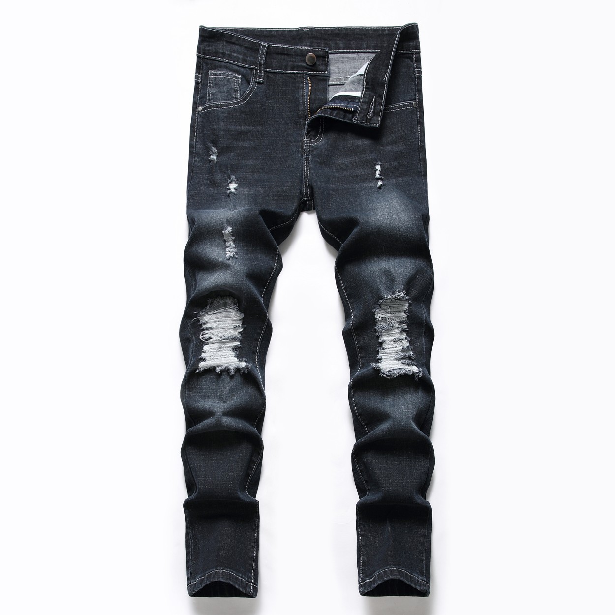 Pantalones para madres y niños, pantalones rasgados rectos informales de mezclilla con puntos elásticos lavados, estilo de cuatro estaciones para niños medianos y grandes