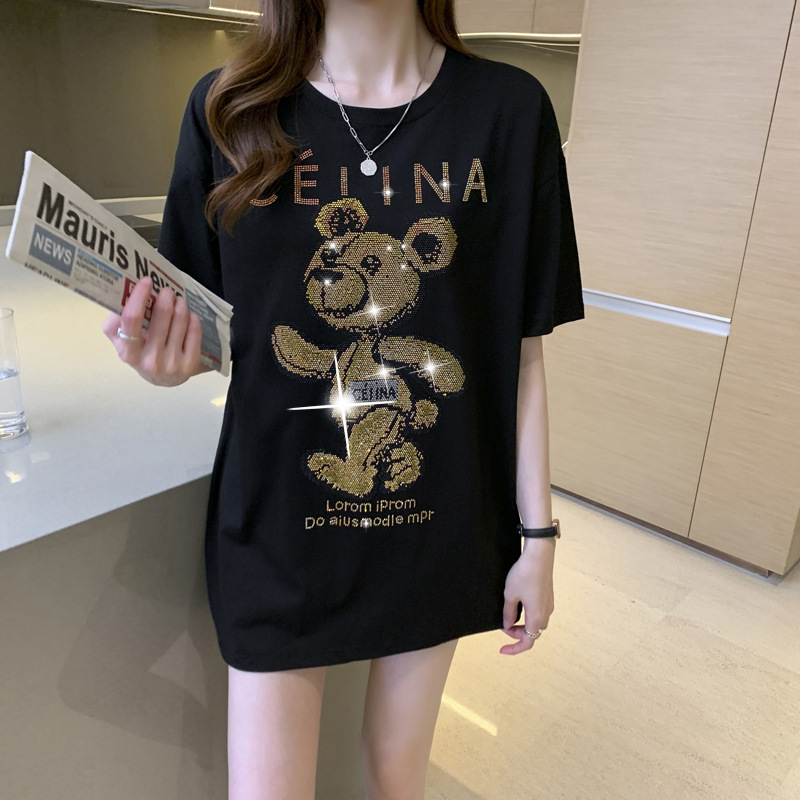 T-shirt estiva a maniche corte nera Bear Hot Diamond da donna in cotone pettinato, versione ampia di media lunghezza_voghion.com