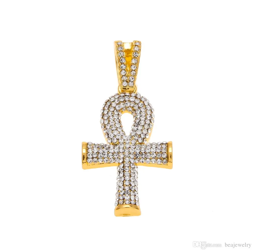 Neue Mode Ägyptischen Ankh Schlüssel des Lebens Bling Strass Kreuz mit Rot Rubin Anhänger Halskette Set Männer Hip Hop Schmuck Geschenk_voghion.com
