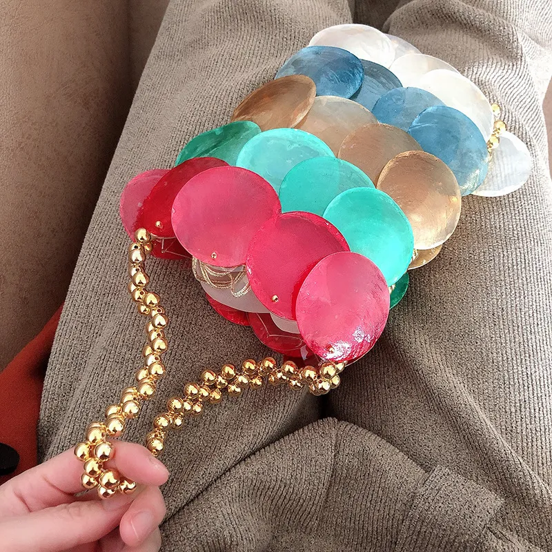Borse da sera fatte a mano intrecciate con conchiglia rotonda, a tracolla, con paillettes, a catena, a tracolla, da donna, per telefono, portafoglio, pochette da festa_voghion.com