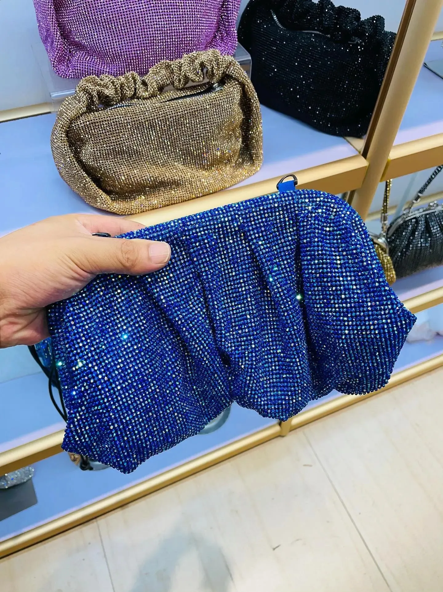 Shell Clip Rhies Handbag For Women Purse Shiny Handmade Dia Shoulder Crossbody Evening Bag 240902_voghion.com