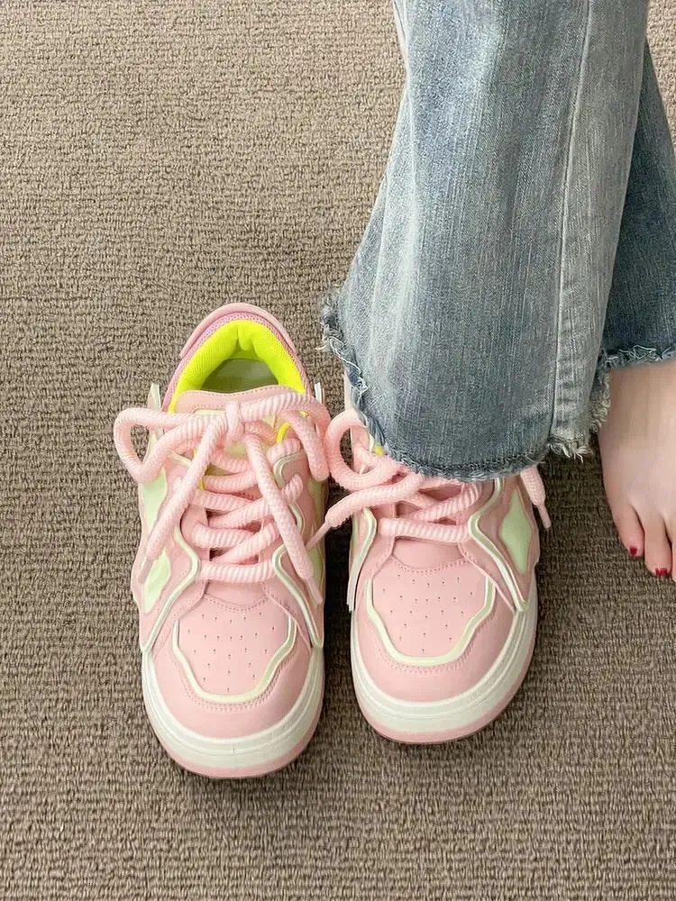 Scarpe da ginnastica con plateau rosa e blu da donna, scarpe sportive kawaii, casual, da tennis, da donna, basse, vintage, con suola spessa, coreane, carine_voghion.com