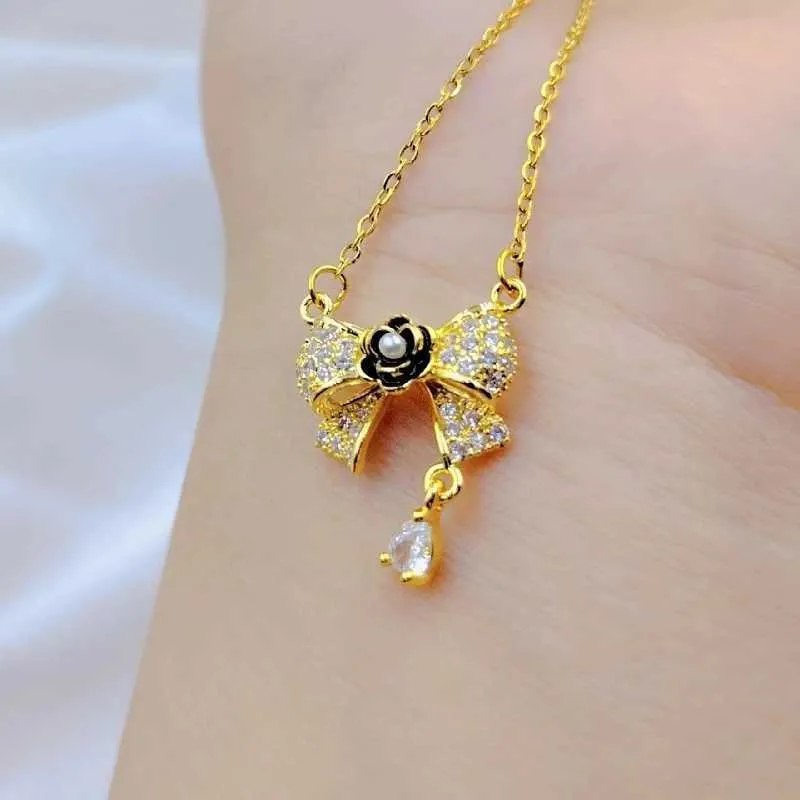 Collane con ciondolo Moda Carino Bellissimo fiocco Collana Classico Retro Romantico Nero Rosa Versatile Acciaio inossidabile_voghion.com